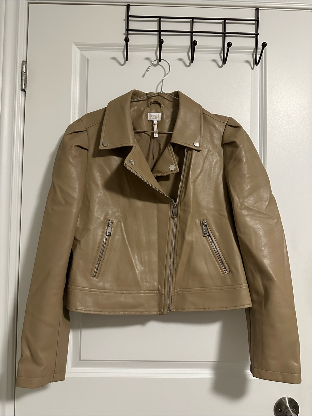 Laundry By Shelli Segal Taupe Faux Leather Biker Jacket